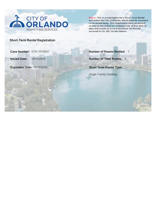City of Orlando
Short Term Rental Registration
Expiration Date: 10/15/2019