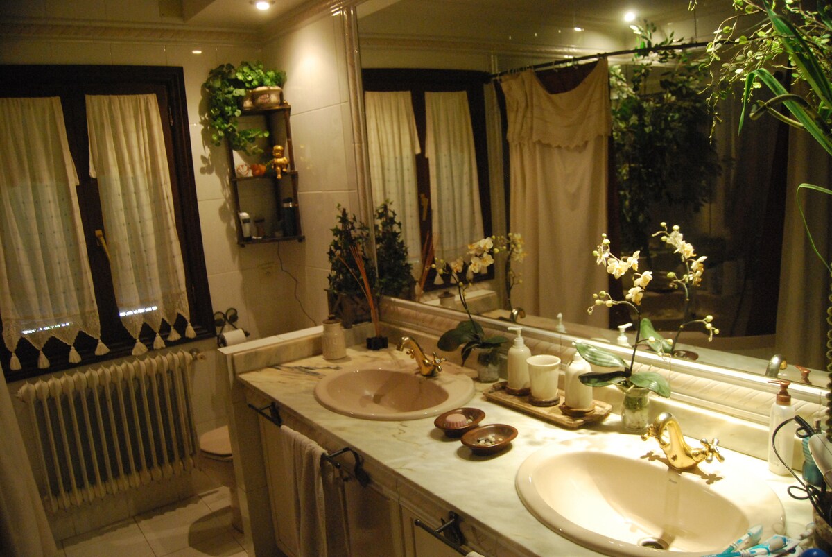 A well-appointed bathroom is highlighted by dual sinks set in a marble counter. Lush plants and decorative elements adorn the space, with soft lighting enhancing the ambiance. Two mirrors reflect the natural light, contributing to an airy feel within the room.