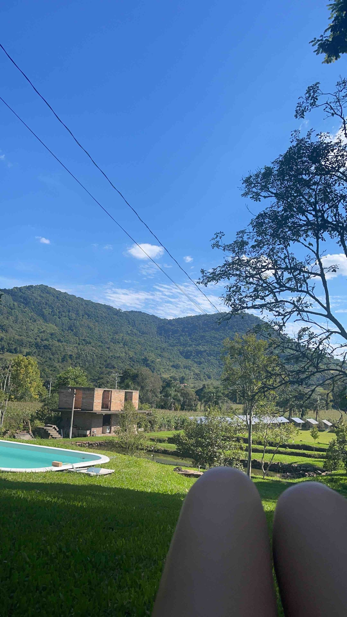 A lush outdoor setting is visible, featuring rolling hills and a clear blue sky. A green lawn is seen in the foreground, with a swimming pool on the left. A rustic building is situated among the trees, offering a view of the surrounding landscape.