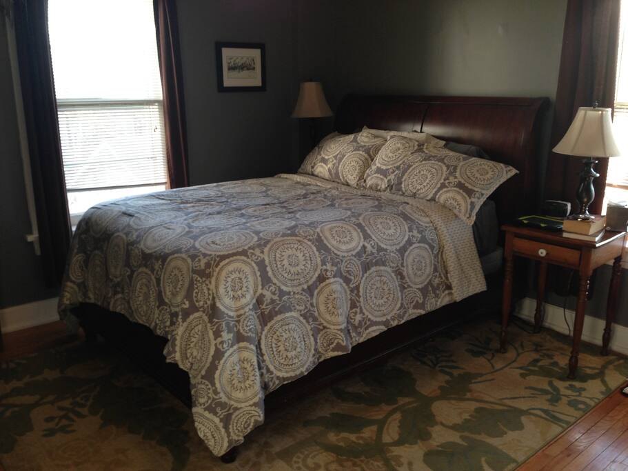 Bedroom one (bedding subject to change, rug has been removed)