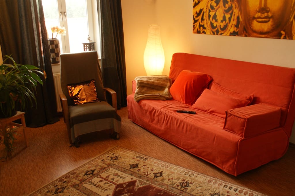 das Wohnzimmer mit ausklappbarer Couch für weitere Gäste (1,40 x 2 meter) , livingroom with sleepingcouch (1, 40 x 2 meter)