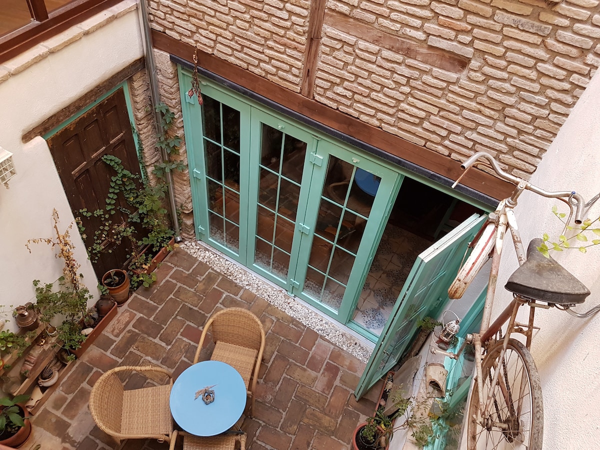 A charming courtyard is depicted, featuring terracotta floor tiles and potted plants. Light green doors provide access to the interior, with a round blue table and two wicker chairs arranged nearby. An antique bicycle adds a unique decorative touch against the wall.
