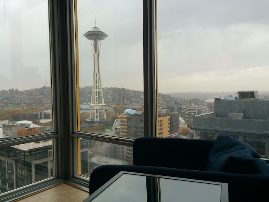 Space Needle! And beautiful gray Seattle sky. View from the bed.