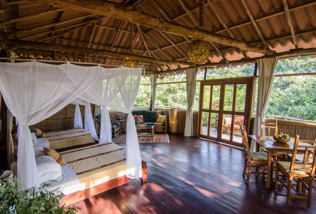 The larger bungalows have two queen beds.