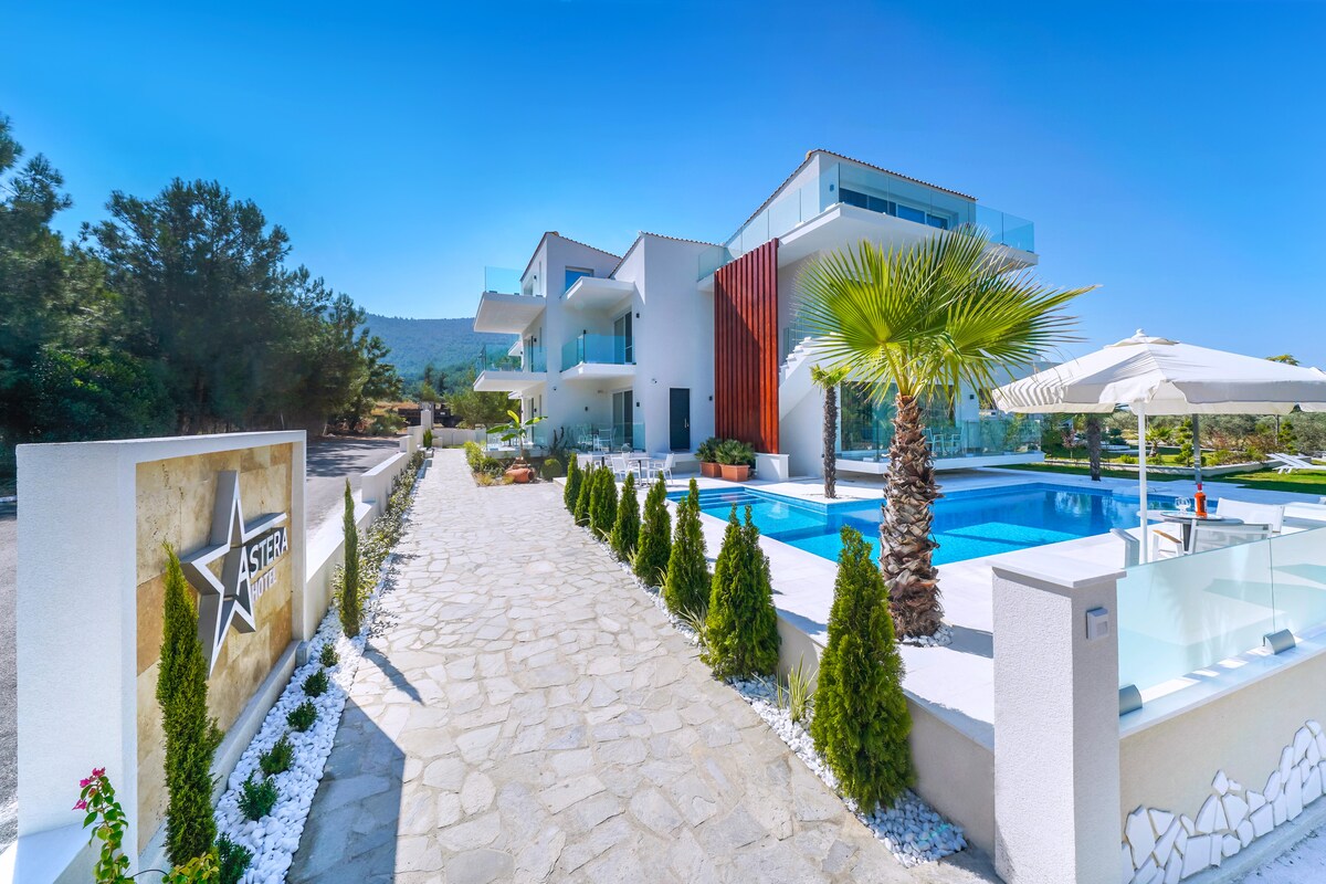 The elegant property features a stone pathway leading to a spacious pool area. Lush greenery surrounds the outdoor space, and a palm tree provides shade near the pool. A sleek entrance sign with the name 'Astera' is prominently displayed at the front.
