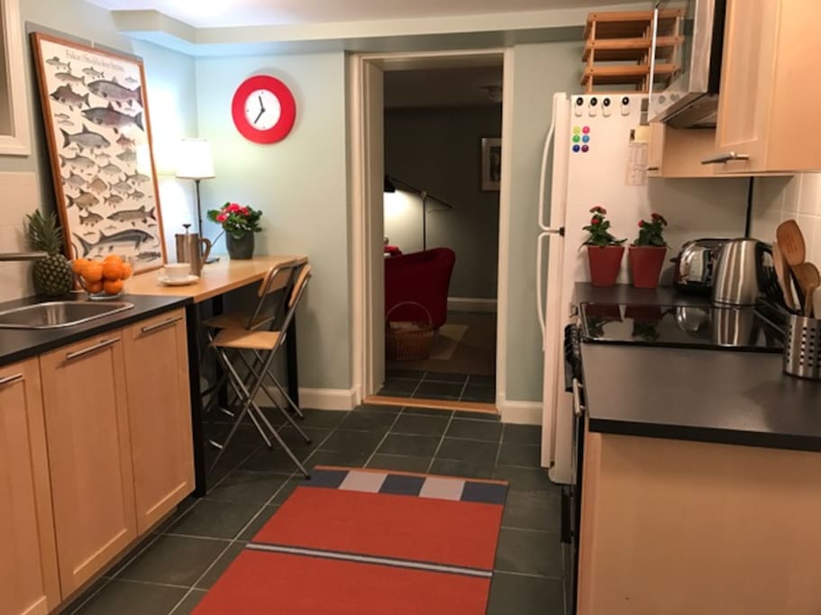 Kitchen, new cabinets, stove, sink, microwave, washer/dryer.