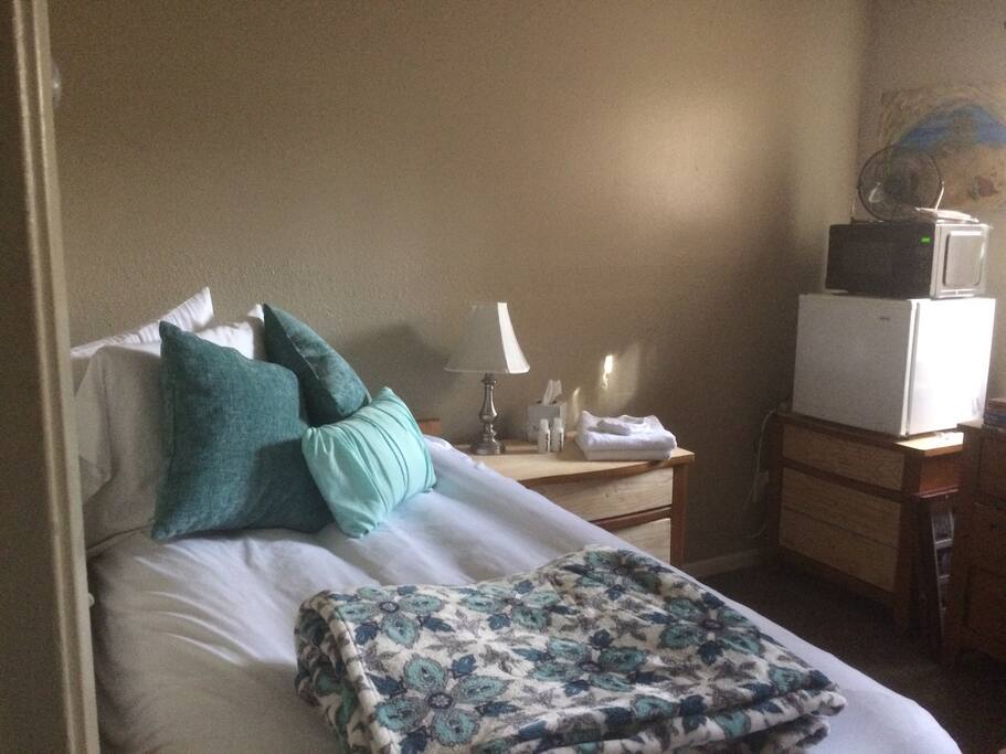 Room has a small refrigerator and microwave