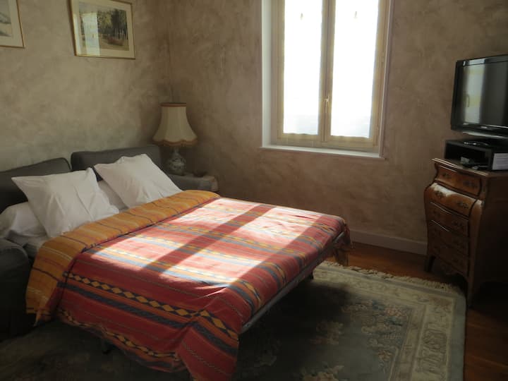 la sala de estar con el sofá en la posición de la cama