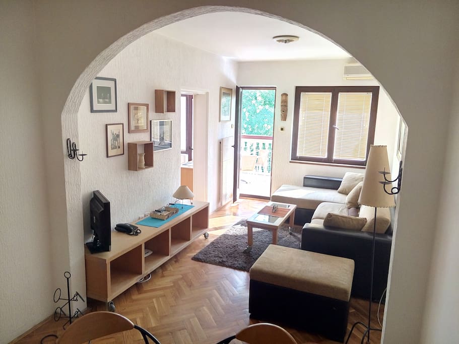 Living room with spacious terrace.