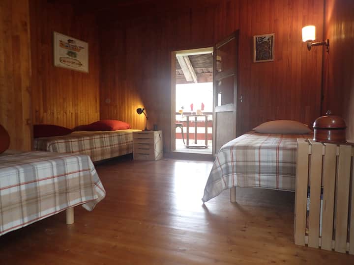 Една спална соба со 3 единечни кревети кои може да се променат во 1 брачен кревет + 1 единечен кревет. Пристап до западен балкон 