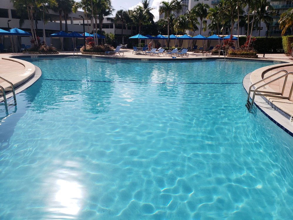 A resort-style swimming pool is depicted, featuring clear blue water reflecting sunlight. Lounge chairs with vibrant umbrellas are situated along the edges, surrounded by tropical palm trees, creating a serene setting for relaxation.