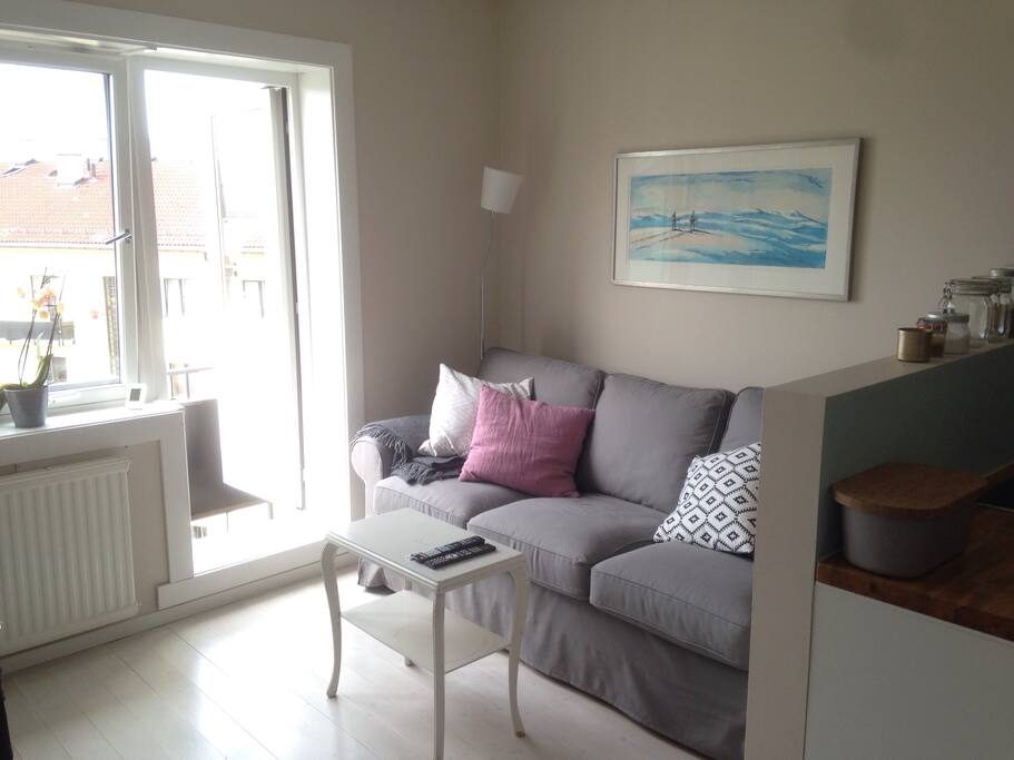 Sofa area with access to a small fire balcony. The sofa could turn in to a bed if that is needed.