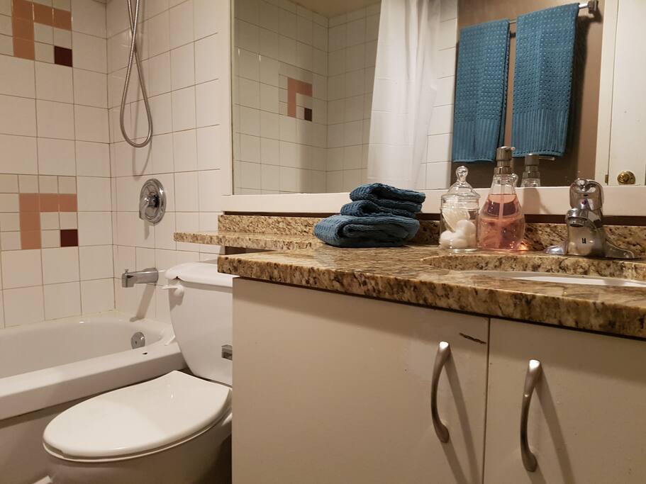 Spotless bathroom with complimentary toiletries and fresh towels