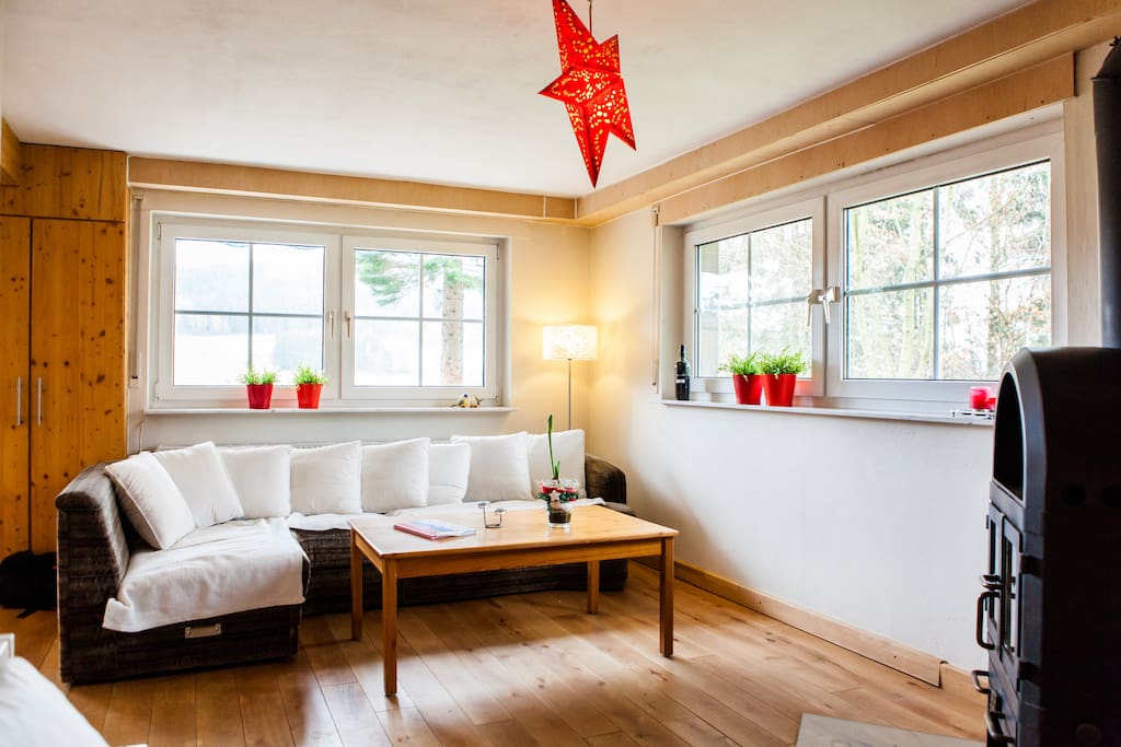 Cosy living room with large couch, fire place and DVD, CD, Radio and SAT TV.