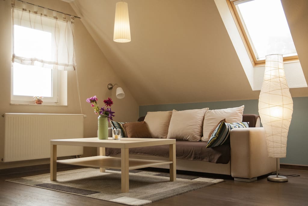 helles freundliches Wohnzimmer mit Schlafcouch