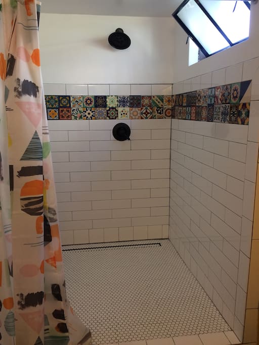 Brand new walk in shower with real hand-painted Mexican tile.