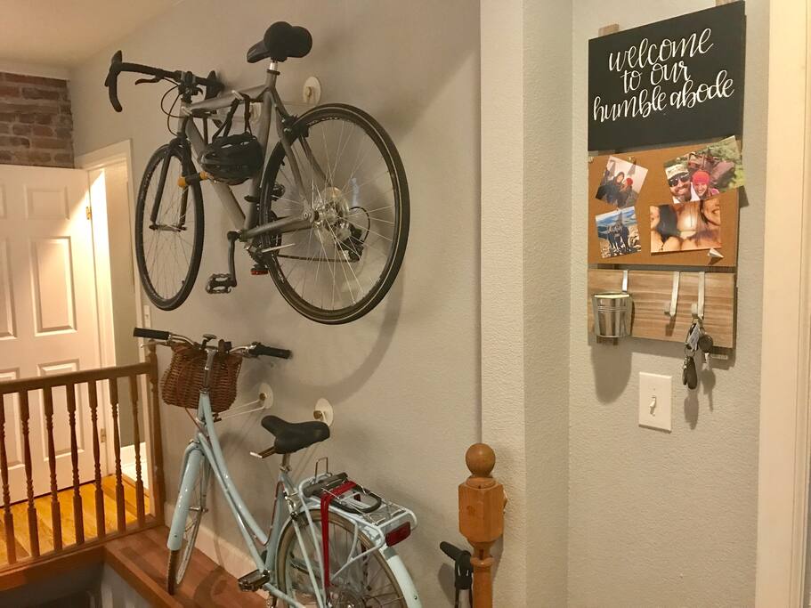 The Cozy Cap Hill Condo offers two bikes available for visitor use, and an air pump and bike locks for ease of use. Getting them down from the wall does require two people, though.