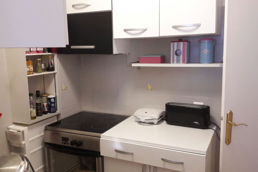 la cuisine équipée avec évier, lave-vaisselle, grille pain, micro-ondes...