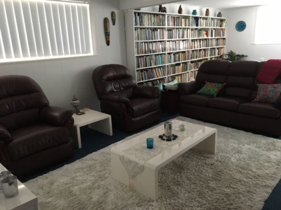 Large reading library with non-fiction books.