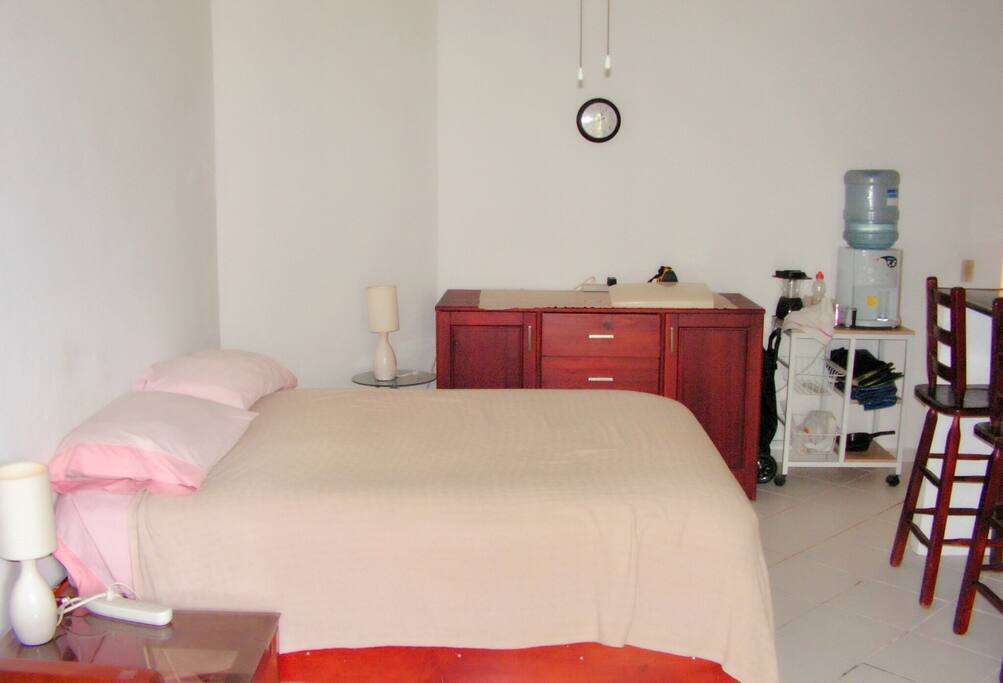 The studio has a comfortable queen sized bed.