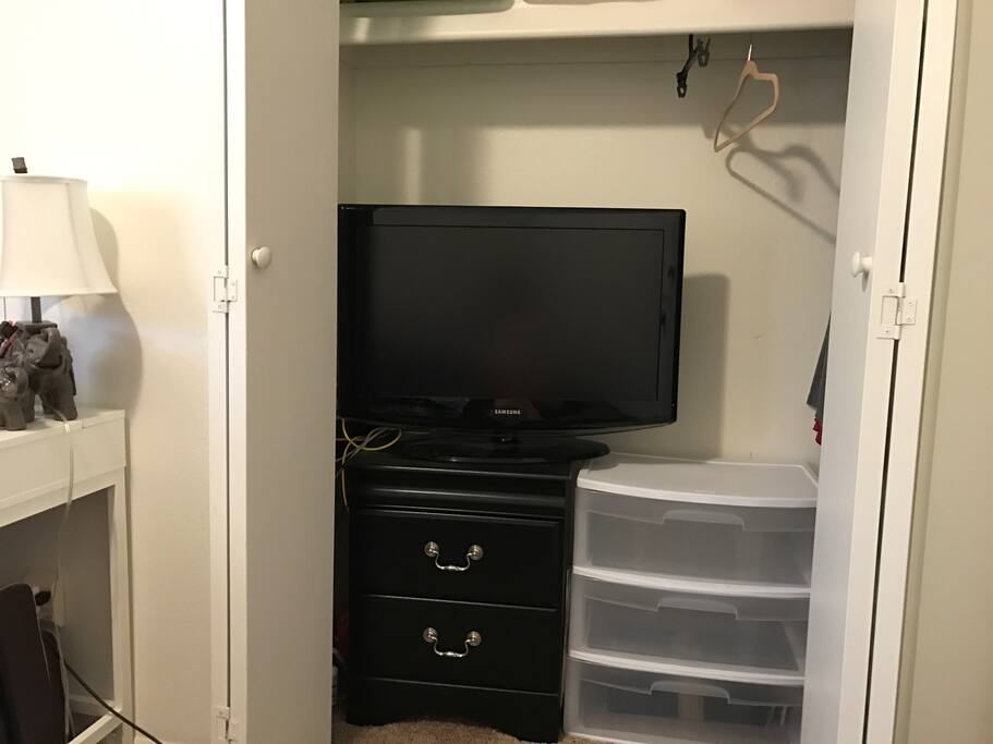 Closet space, drawers and television with Roku capability.