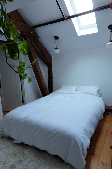 Peaceful bedroom with remote control skylight and queen bed.