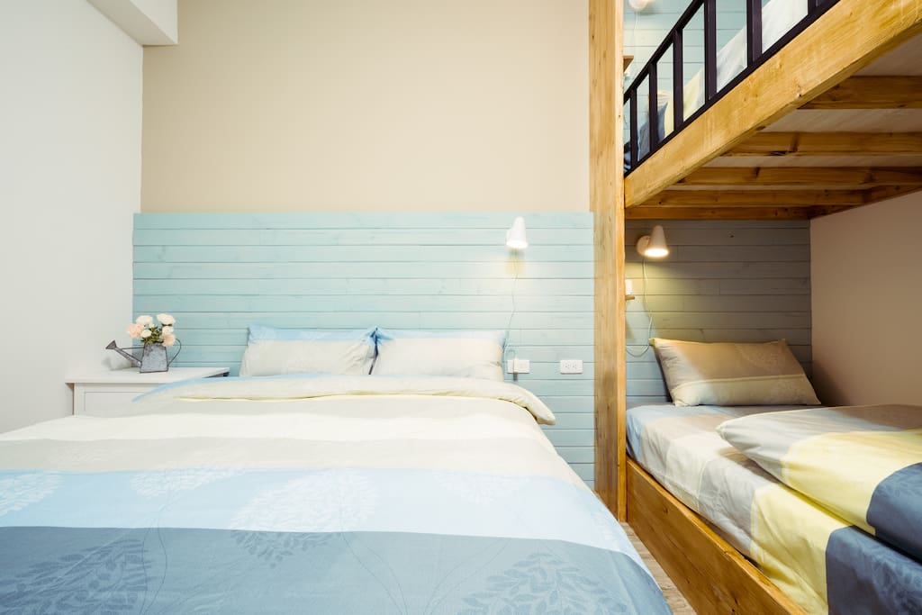 Private room with own bathroom(one double bed + two single bed).