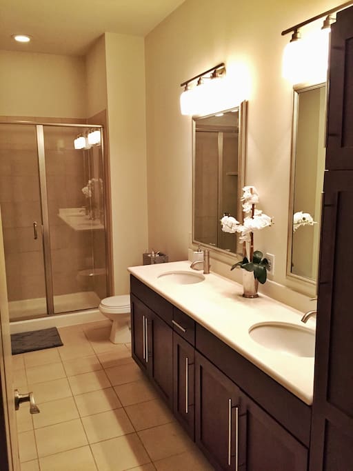 Another Bathroom with walk-in shower, dual vanities, and closet