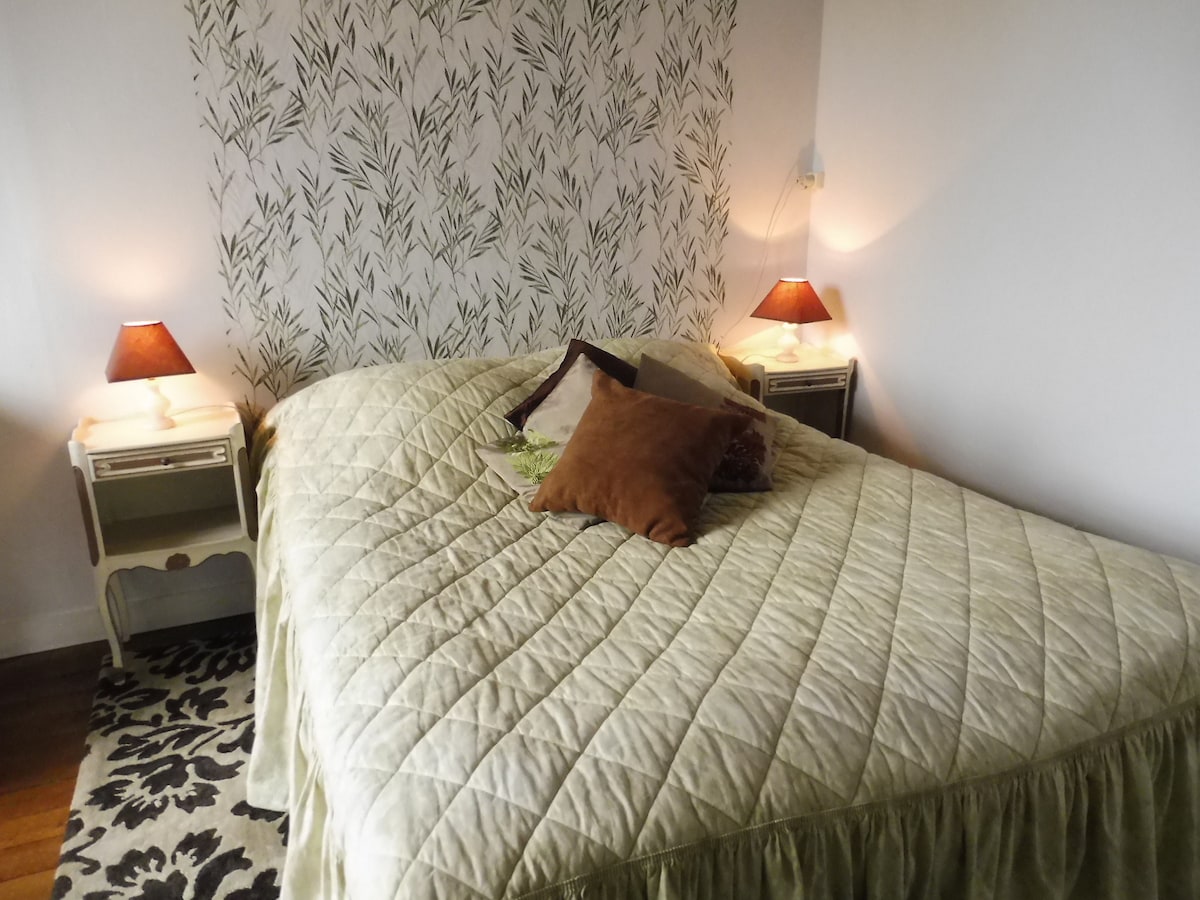 A spacious bed is positioned against a wall adorned with a leafy pattern. Soft lighting is provided by two bedside lamps, creating a gentle ambiance. Decorative pillows in various shades are placed on the bed, and a patterned rug completes the cozy setting.