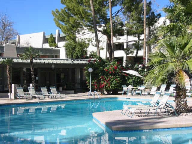 A serene pool area is surrounded by lush greenery and palm trees, with several lounge chairs positioned nearby. A covered seating area is visible in the background, offering shade and relaxation beside the inviting water.