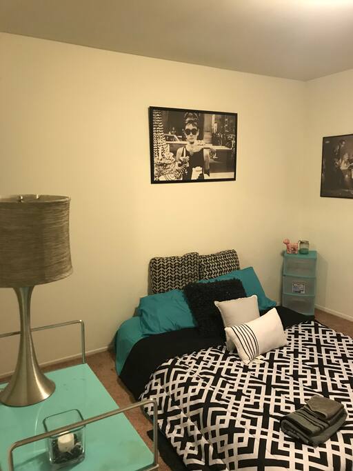 New comforter, sheets, pillows, storage space, tv, mini fridge, half closet, queen bed air mattress.