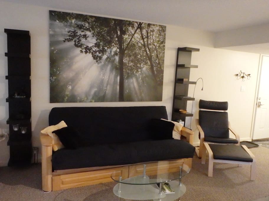 Futon w/ 10' baffled mattress for optional 3rd or 4th person, memory foam topper avail in unit.