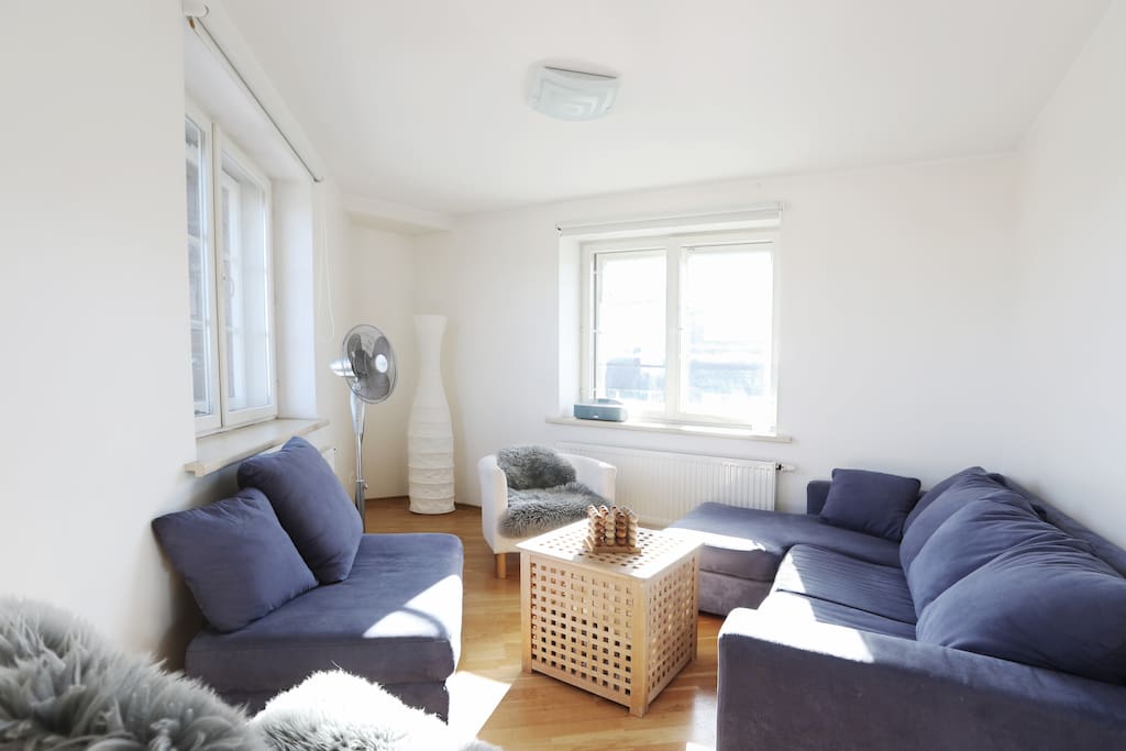 The top floor 'corner' studio room with plenty of light and big sofa bed can be also used as a gathering room.
