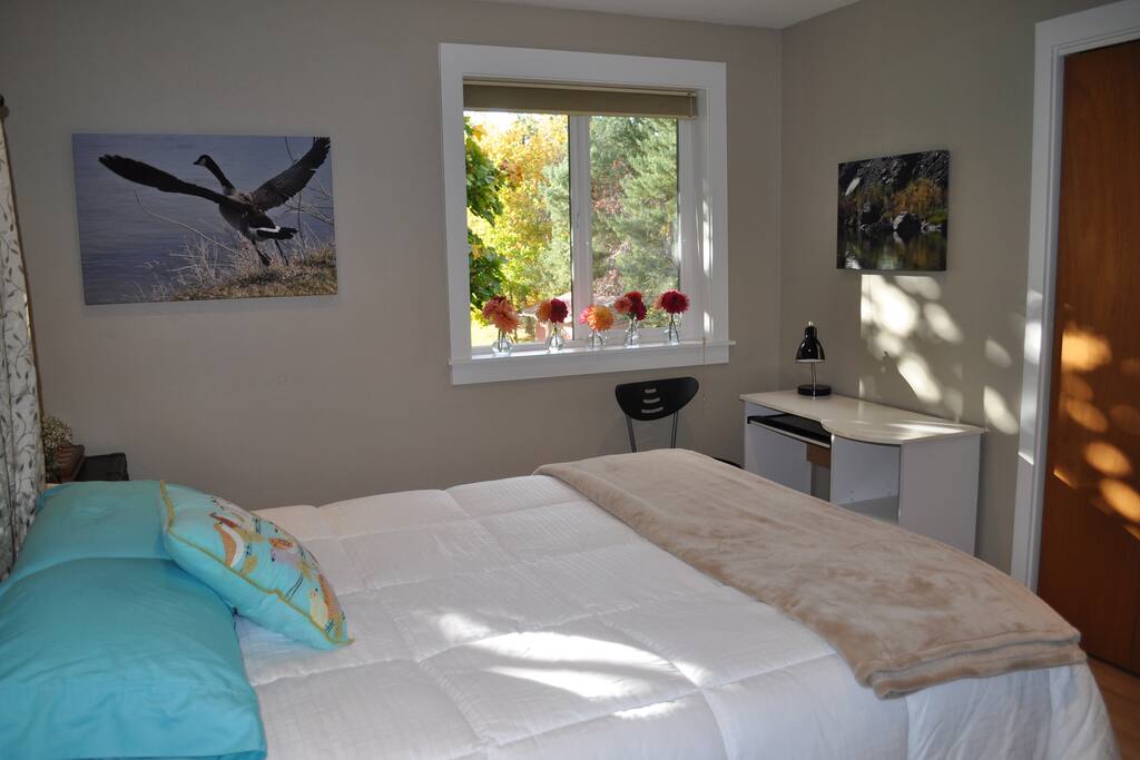 Room divided for privacy, and desk work area with lots of natural light.