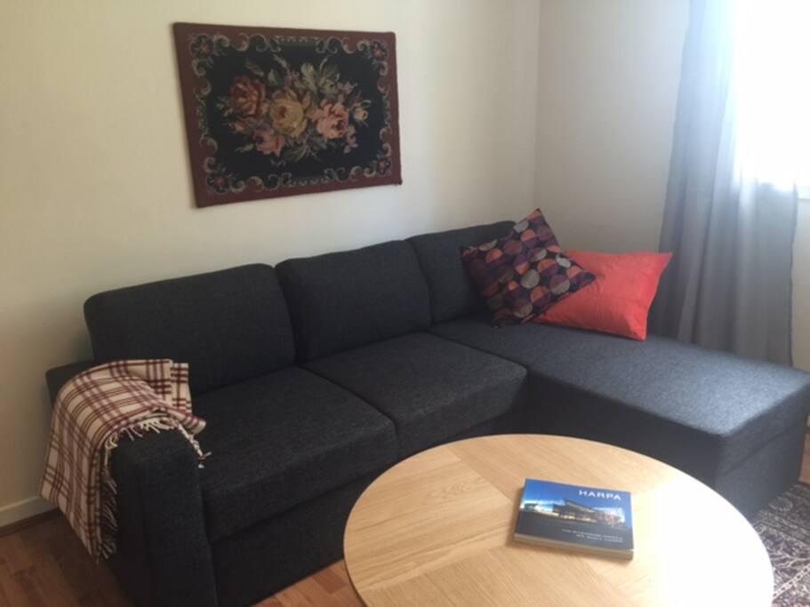 Sofabed in living room for two persons.