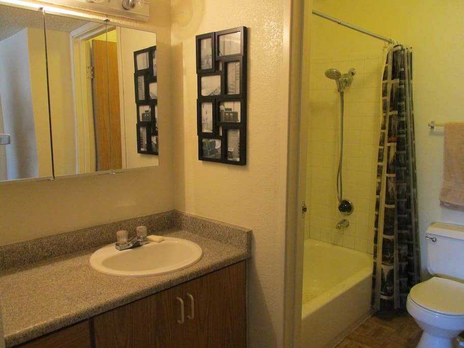 Clean private bathroom. Shampoo, soap and towels provided.