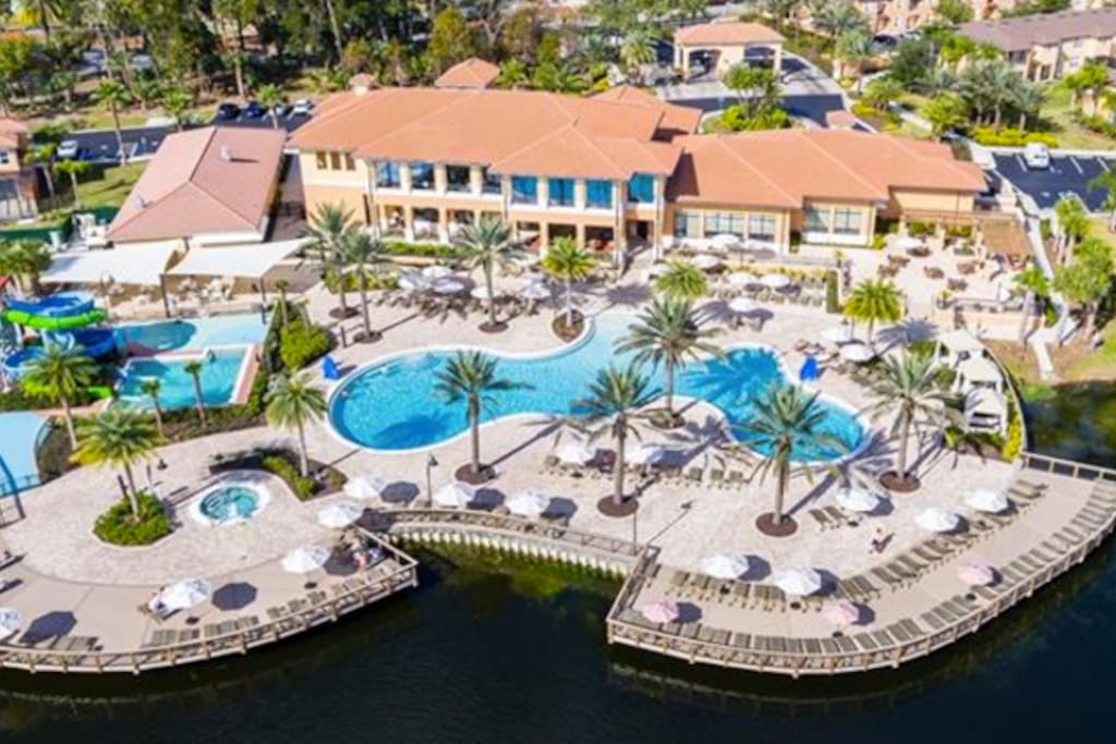 Resort's pool, hot tub, water slides and clubhouse (where restaurant, bar, gym and convenience store are located.