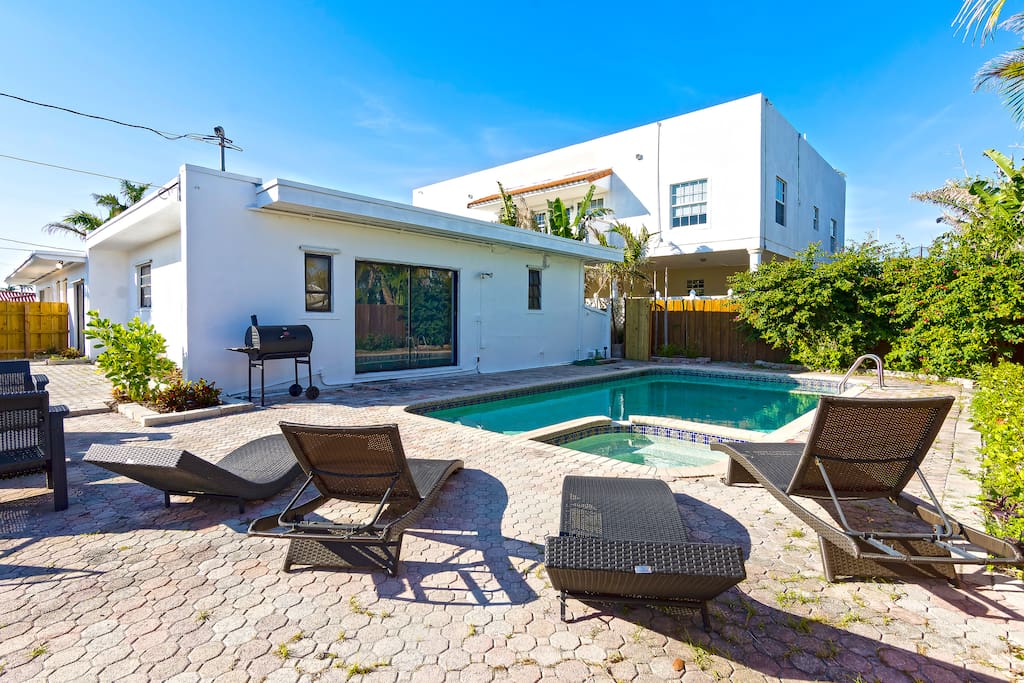 One of the many great amenities of this house is having its own private swimming pool! This tropical home allows guests to just lazily lounge around the pool to enjoy the Miami sun