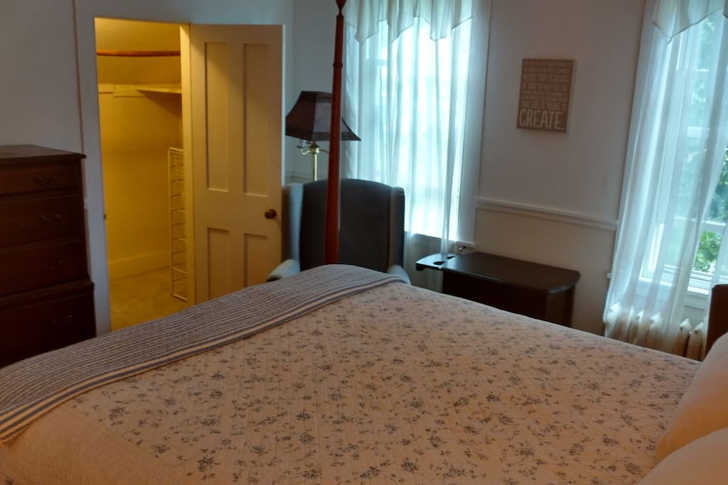 Bedroom closet, Wing Back chair for reading pleasure and chest of drawers.