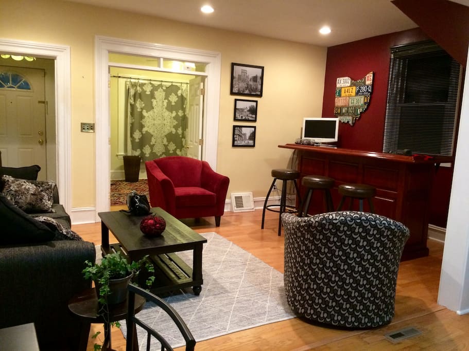A unique space highlighted by modern decor and photos of circa 1900 photos of Cleveland.