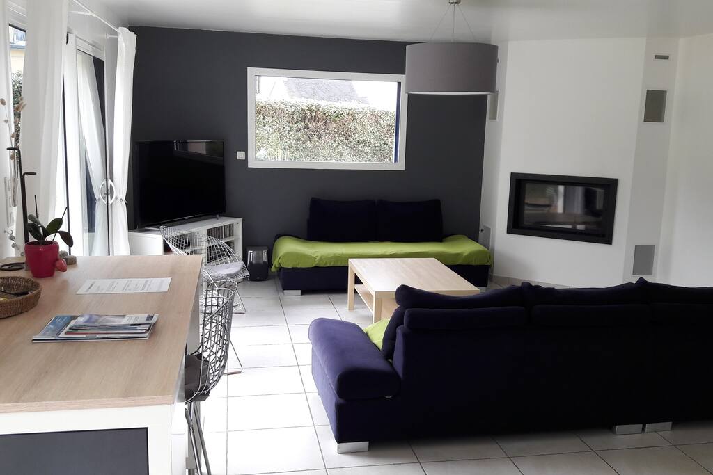 Salon équipé avec 2 canapés, TV et amplificateur audio.
