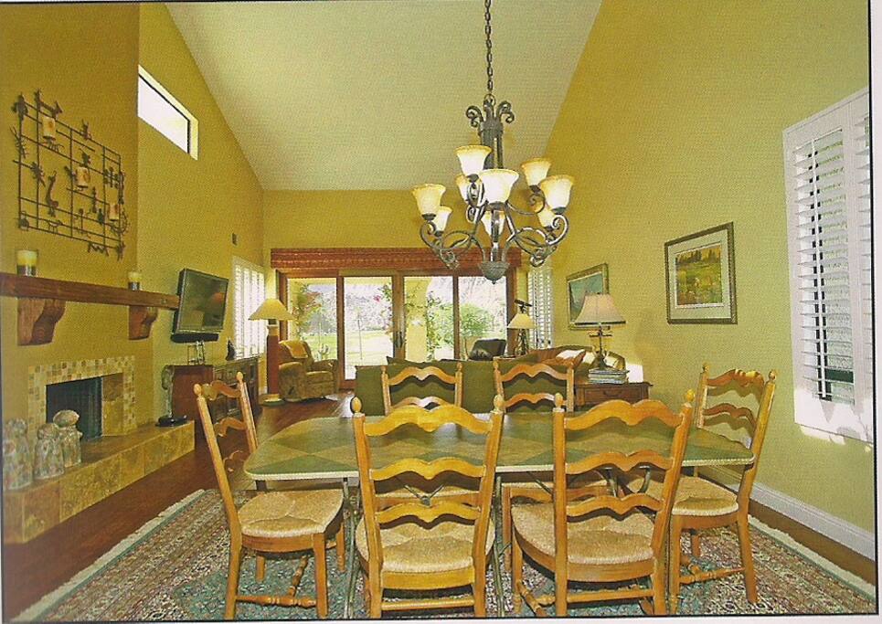 Dining area with fireplace.