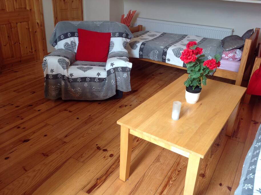 Chair and other single bed in the living area.