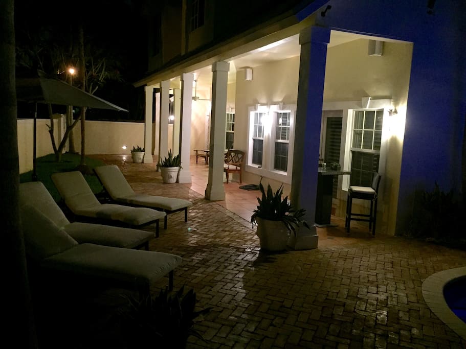Lounging outside at night.