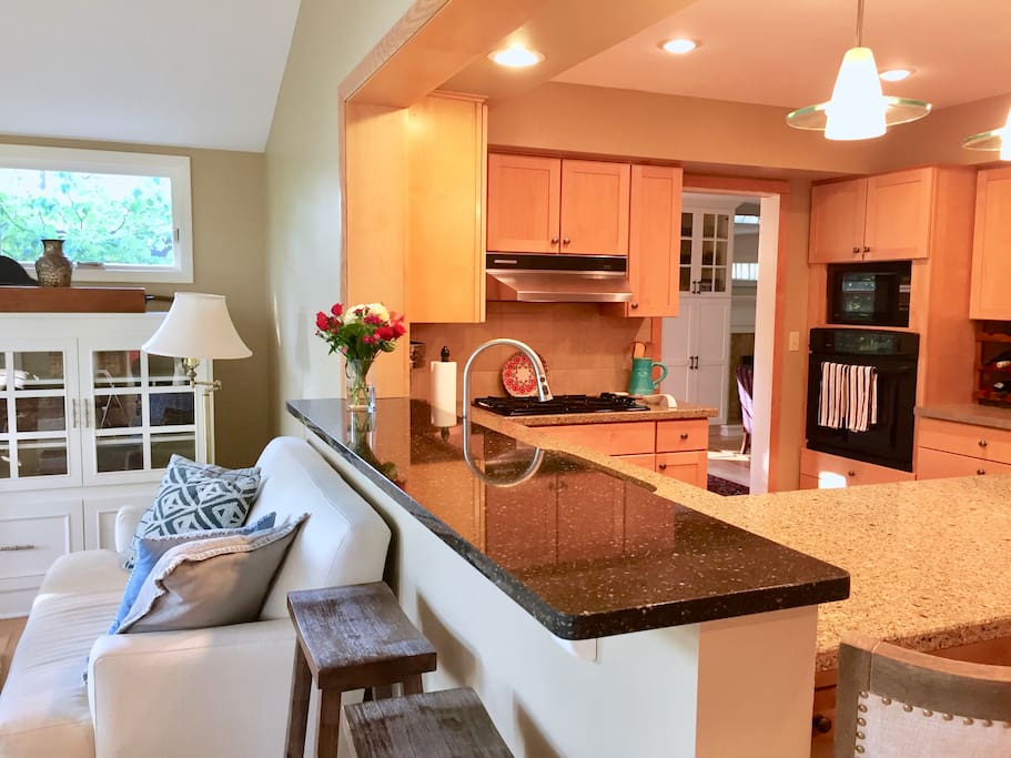 Kitchen open to the family room/sun room