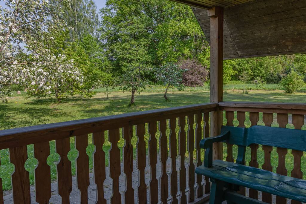 This is the apple tree garden and downstairs bench