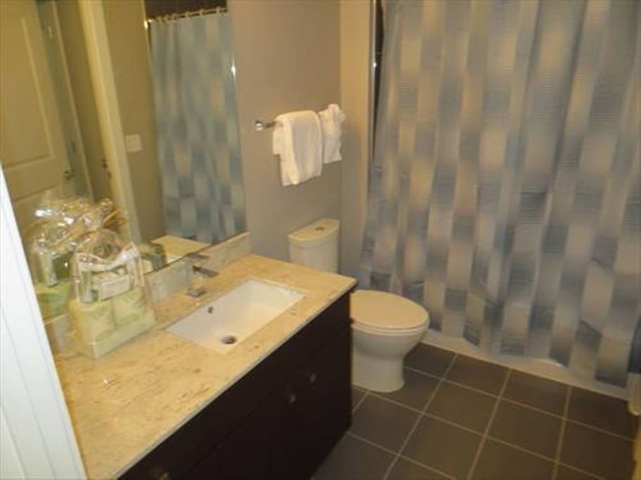 Large bathroom with shower/tub combination; towels and sample toiletries provided