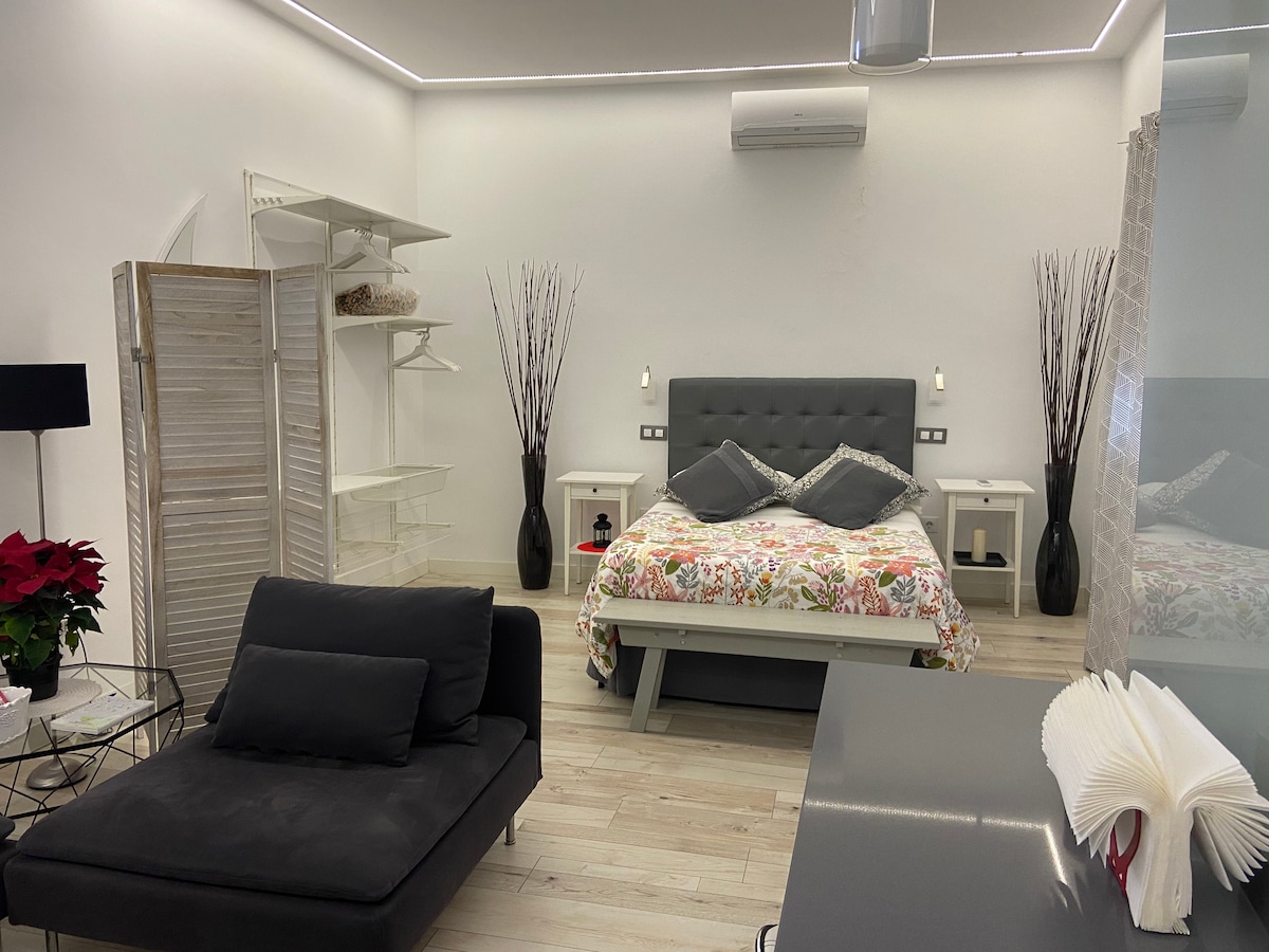 The studio features a spacious bed with a floral bedspread, flanked by modern nightstands. A cozy seating area with a sleek black chair is present, along with decorative plants. The room is brightly lit, showcasing minimalist shelving and an air conditioning unit.