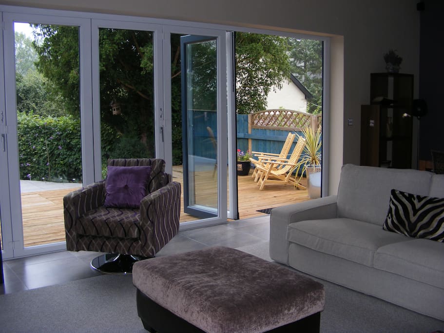 Open plan lounge with vaulted ceiling