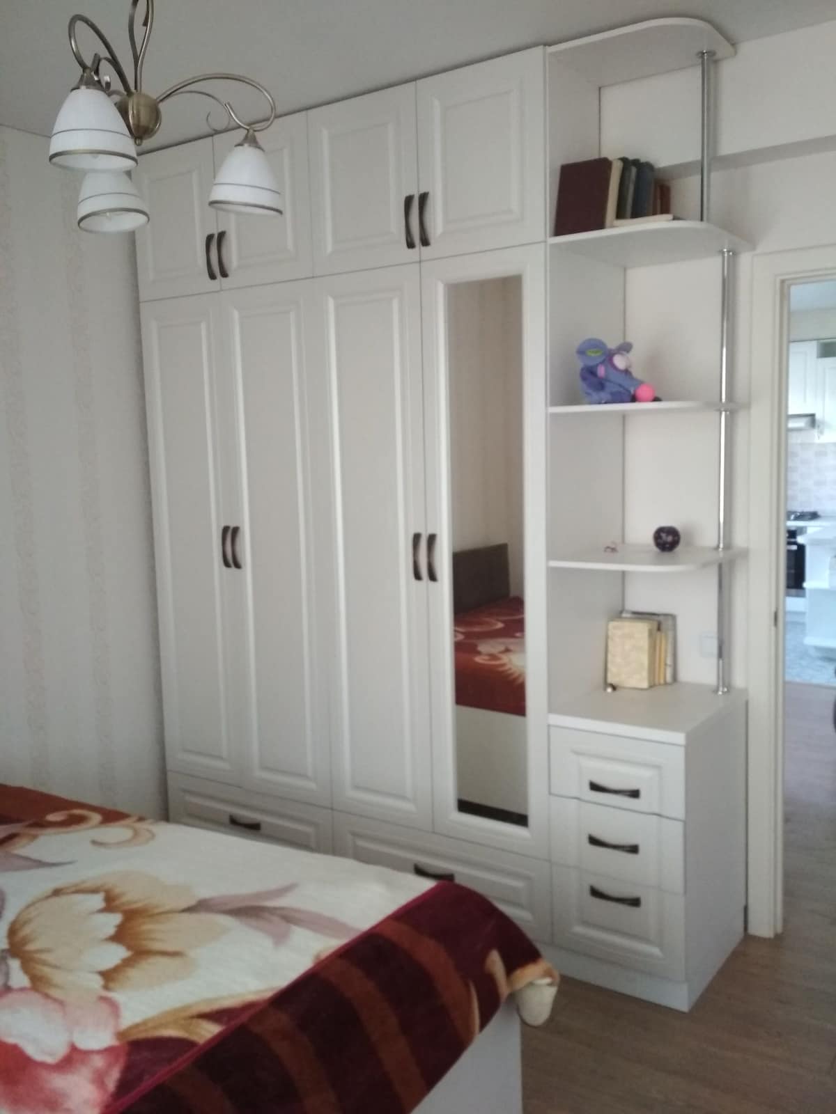 A well-organized bedroom space is presented, featuring a spacious wardrobe with mirrored doors and multiple storage compartments. A decorative shelf holds books and small items. A patterned blanket is draped over a large bed, enhancing the room’s functional layout and aesthetic appeal.
